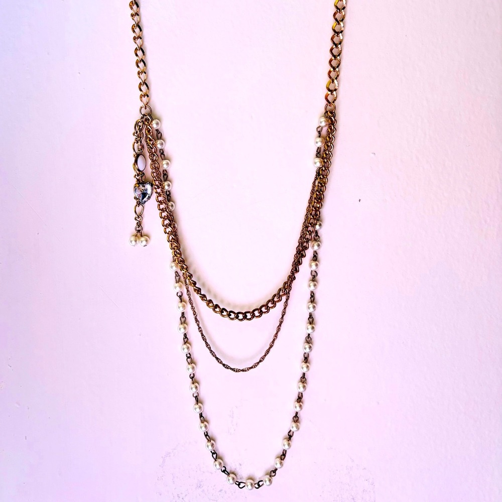 Gold Tone Multi Strand Layered Necklace Heart Pearl Charm Tiered Statement Chain